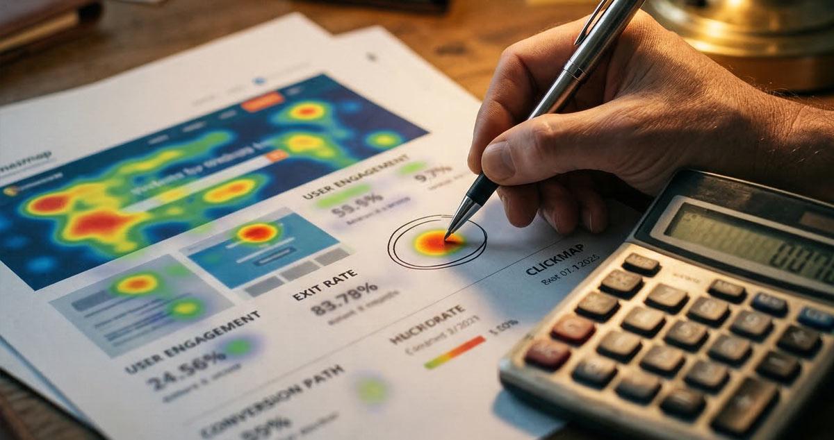 Highlighting heat mapping testing with a pen on a print out. With calculator on the table.