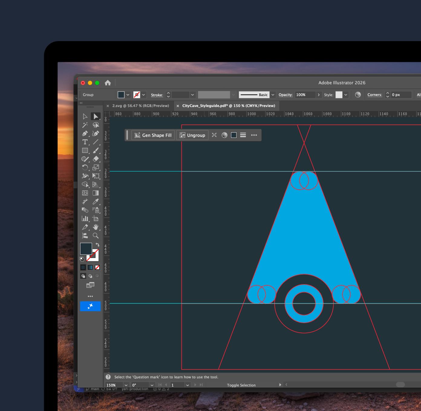 A laptop with Adobe Illustrator designing the Citycave logo.