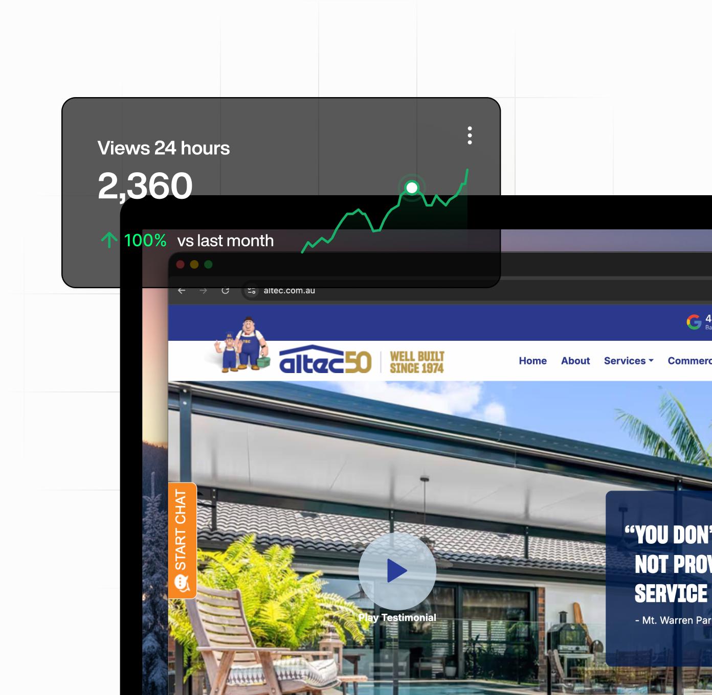Altec Patios website with an overlay of results