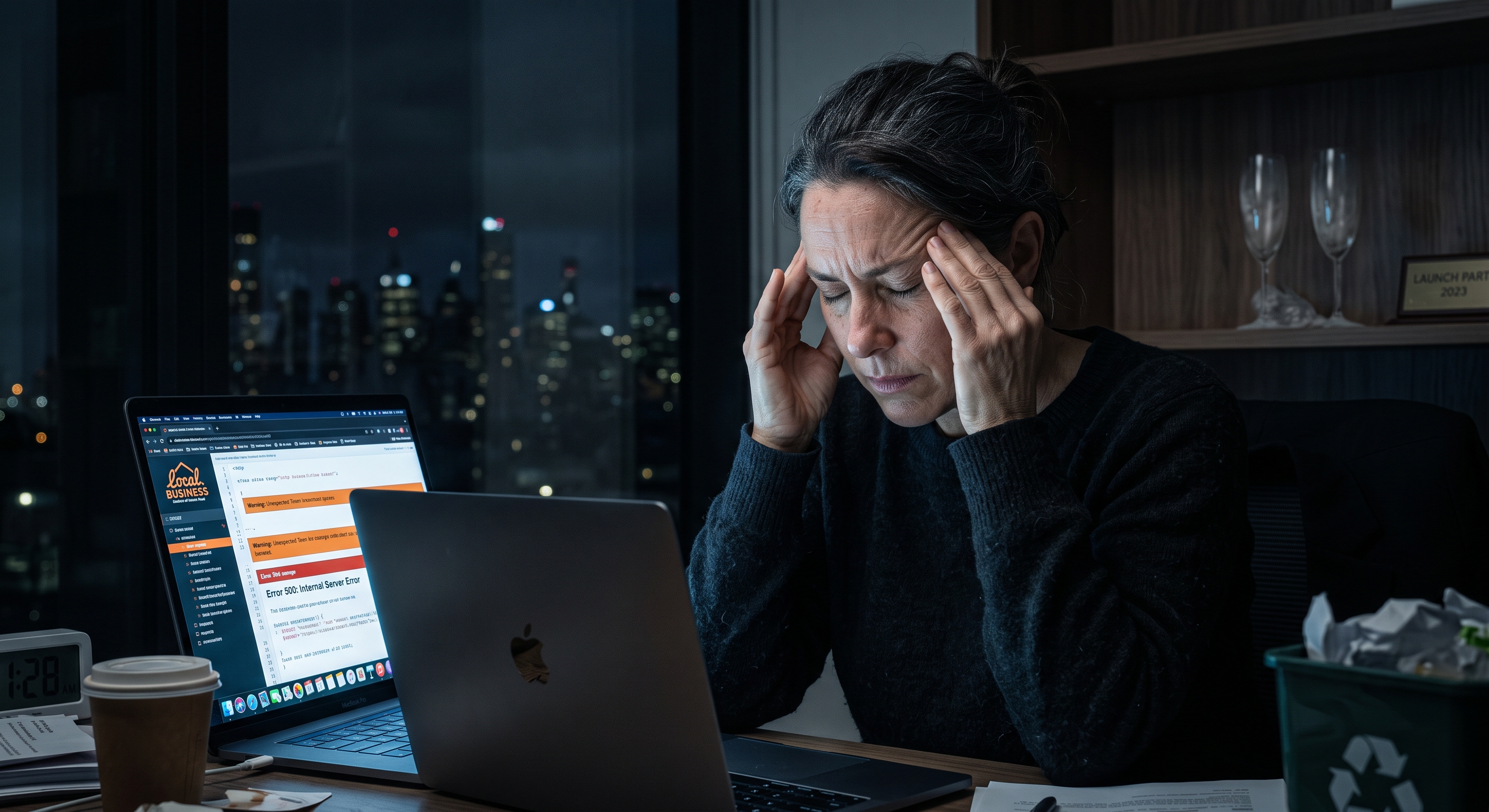 Business owner spending late night fixing her website - feeling frustrated